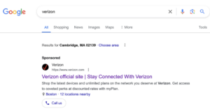 Search results for a consumer looking up "Verizon" on Google